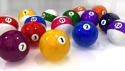 Beautiful glossy colorful billiard balls on a white background. Wallpaper. 3 D illustration.