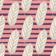 Soft floral stylized leaves silhouettes seamless pattern. Light purple outline ornament on background with pink strips.