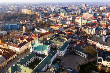 View from drone of modern Rzeszow cityscape in sunny spring day, Poland..
