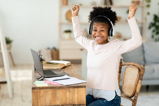 Joyful Black Girl At Laptop Shaking Fists Learning At Home
