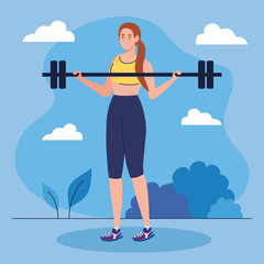 woman doing exercises with weight bar outdoor, sport recreation exercise vector illustration design