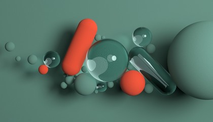 Group of spheres and capsules, glass and rough material. Abstract composition. 3D render / rendering.