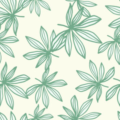 Random green contoured marijuana leaves seamless pattern. Light background. Simple hand drawn print.