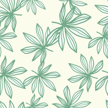 Random green contoured marijuana leaves seamless pattern. Light background. Simple hand drawn print. © smth.design
