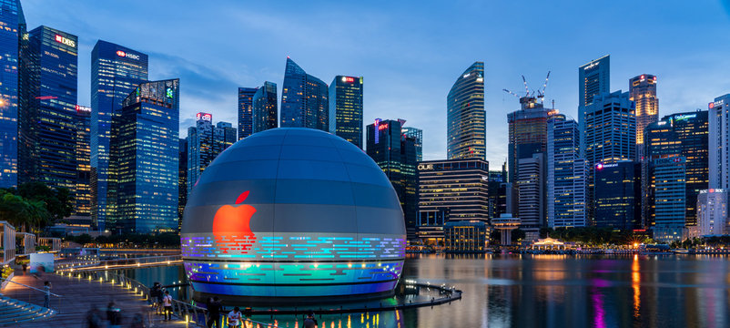 Singapore - August 2020: Apple's Marina Bay Sands Retail Store before open at magic hour. 