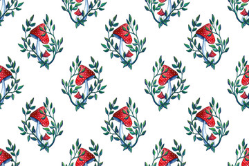 Watercolor autumn illustration. Hand drawn mushroom. Harvesting season. Seamless pattern