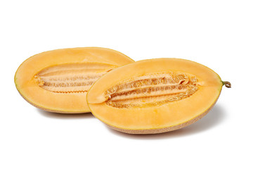 piece of ripe melon with seeds, orange pulp, fruit isolated on white background