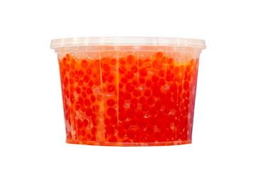 Salmon red caviar in plastic bucket isolated on white background. Seafood. Expensive delicatessen from sea