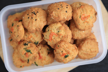 Tasty homemade cookies, butter sesame and Thai style dried shrimps.