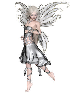 Fantasy illustration of a cute and pretty fairy with white blonde hair, silver dress and wings, 3d digitally rendered illustration