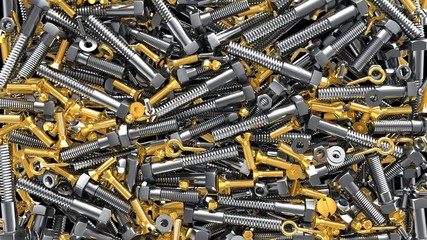 Screw Bolts golden and silver 3D render illustration tools hardware wallpapers store items Nut and bolts 