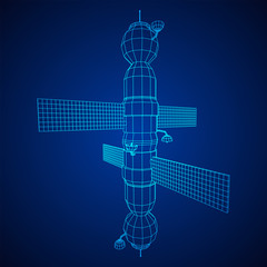 Space station communications satellite. Wireframe low poly mesh vector illustration.