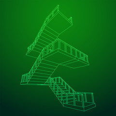 Wireframe stairs, interior staircases steps with railing. Wireframe low poly mesh vector illustration.