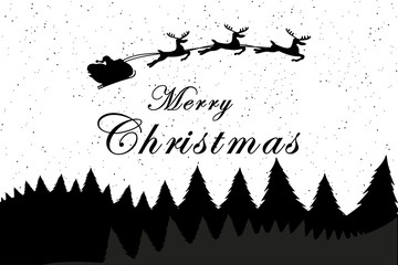 Christmas card template with Christmas tree, stars, moon and Santa Claus with silhouette of reindeer in night moonlight. Banner or poster for Christmas celebration. Vector