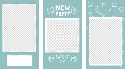 Vector editable stories templates, posts for social media. Veterinary clinic or pet shop concept, isolated on white background