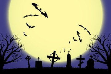 Halloween scary graveyard background with trees, crosses and bats. Halloween. Silhouette of a tombstone. Printed labels and decorations for office, crafts, template. Vector