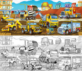 cartoon sketch construction site with cars illustration