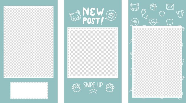 Vector editable stories templates, posts for social media. Veterinary clinic or pet shop concept, isolated on white background
