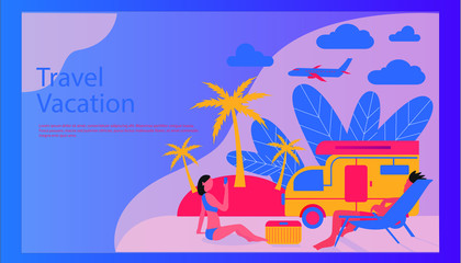 Fototapeta na wymiar Landing page horizontal banner travel young couple vacation flat vector illustration 