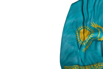 beautiful any feast flag 3d illustration. - Kazakhstan flag with large folds lying in left side isolated on white