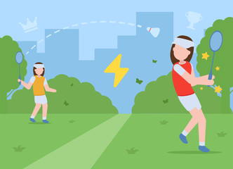Badminton vector concept. Healthy lifestyle. Sport. Two girls in sports uniforms play badminton on an open green field. Sports recreation away from the city.