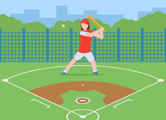 Fototapeta premium A baseball player with a bat in her hands playing baseball. Baseball court. Sports and recreation. Flat vector illustration. Healthy lifestyle.