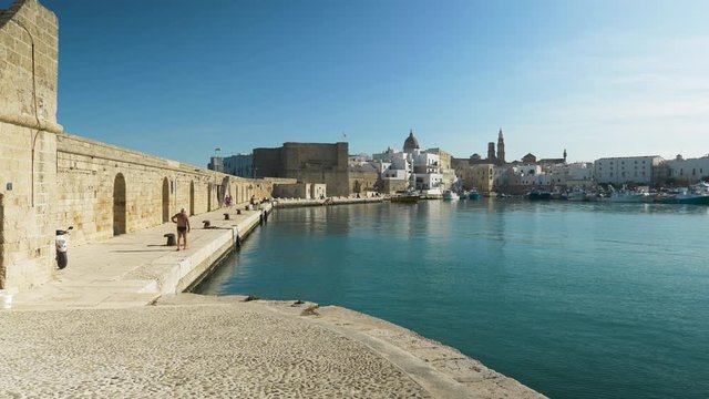 Seaside of an old italian town built on stones. Clear blu sky and clean sea. Calm and peaceful shot. Vacation in Italy. Monopoli. Italy