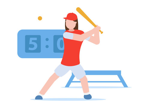 A girl plays baseball with a shuttlecock on a playground in a summer park. Happy people play sports games together and have fun. Sports and recreation. Flat vector illustration. Healthy lifestyle.