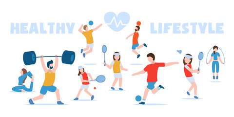 Fototapeta na wymiar Vector concept of sports and healthy lifestyle. Gymnastics, fitness, football, basketball, volleyball, tennis, badminton, bodybuilding. People in sports uniforms are engaged in different sports.