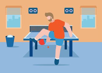 Table tennis vector concept. Healthy lifestyle. Professional sports. A man in equipment plays table tennis in the gym where the table and rackets are located.