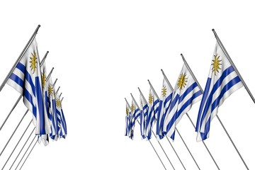 beautiful many Uruguay flags hangs on diagonal poles from left and right sides isolated on white - any holiday flag 3d illustration..