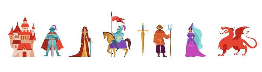 Medieval and fairy tales characters, knights, farmer, princess and horses. Vector illustrations  © Marina Zlochin