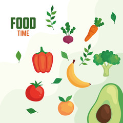 banner with food time vegetables and fruits, concept healthy food vector illustration design