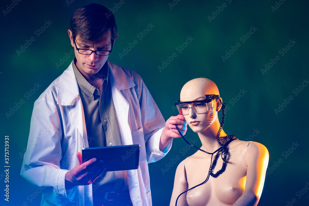 Poster development of artificial intelligence. the engineer configures the robot. testing artificial intell
