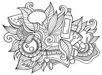 Diet hand drawn cartoon doodles illustration. Funny food design.