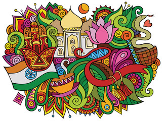 Obraz na płótnie Canvas India hand drawn cartoon doodles illustration. Funny travel design