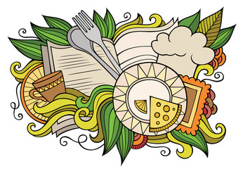 Menu hand drawn cartoon doodles illustration. Funny food design