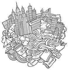 Cartoon cute doodles hand drawn Welcome to New York illustration