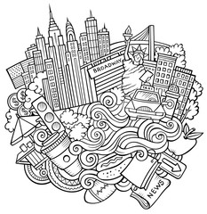 Obraz premium Cartoon cute doodles hand drawn Welcome to New York illustration