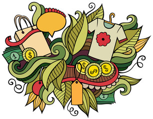 Sale hand drawn cartoon doodles illustration. Funny shopping design