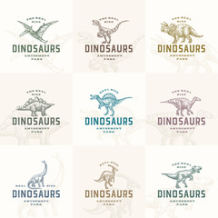 Amusement Park Prehistoric Dinosaurs Abstract Signs, Symbols or Logo Templates Collection. Hand Drawn Ancient Reptiles with Retro Typography Labels Set. Vector Emblem Concepts Bundle.
