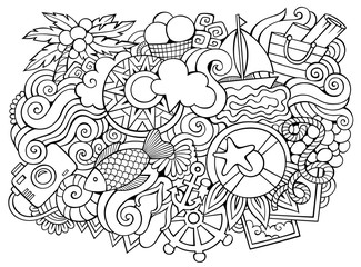 Summer hand drawn cartoon doodles illustration. Funny travel design.