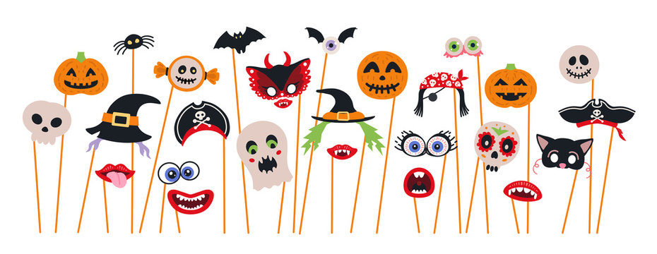 Halloween photo booth props and scrapbooking vector set. Party decoration with ghosts, pumpkin, bat,