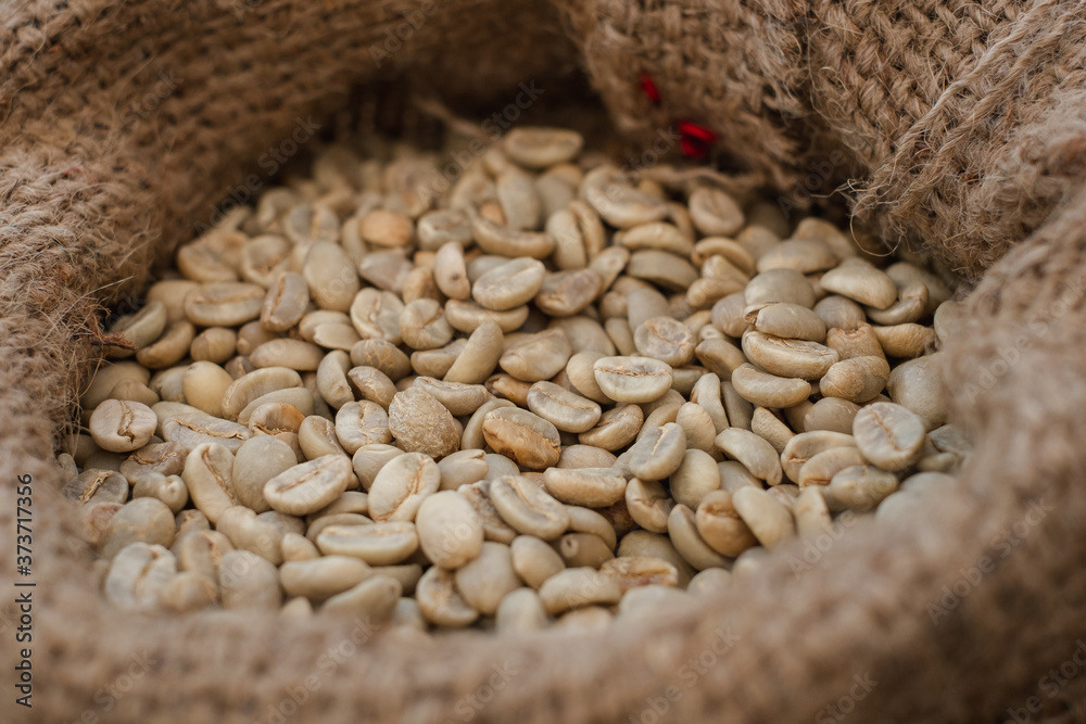 Wall mural close up coffee beans are in the bag, out in the outdoors.