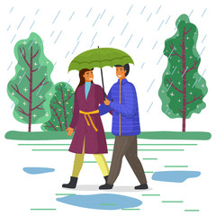 Couple goes in rain. Happy man and woman are walking in city park under an umbrella, go on the background of green trees. Beautiful married people have romantic relationship, cartoon flat characters