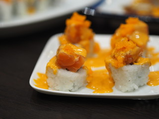 Sushi Shrimp Roe Rice Fresh salmon fish arranged in plate style Japanese food