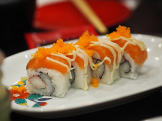 Sushi Shrimp Roe Rice Fresh salmon fish arranged in plate style Japanese food