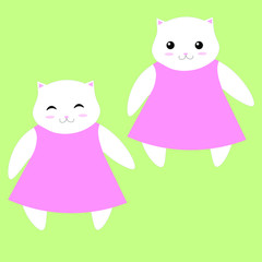 Vector image of a white cat in a pink dress in two versions, with open and closed eyes.