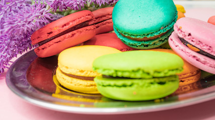 french macaron cakes composition with lavender flowers