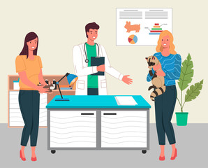 Veterinary care. Veterinarian man with women holding raccoon and hamster in the medical office. Person brought forest animal for treatment to a doctor. Visit to vet clinic to check health of animal